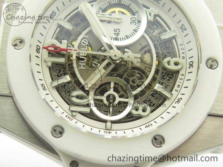 Big Bang Unico 45mm SS 3AF Best Edition White Dial Ceramic Bezel On Rubber Strap A Durable 6916