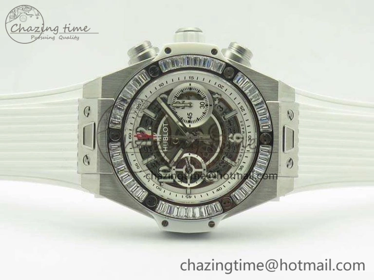 Big Bang Unico 45mm SS 3AF Best Edition White Dial Crystal Bezel On Rubber Strap A Bold 6915