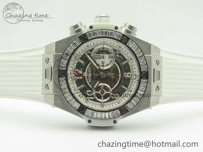 Big Bang Unico 45mm SS 3AF Best Edition White Dial Crystal Bezel On Rubber Strap A Bold 6915