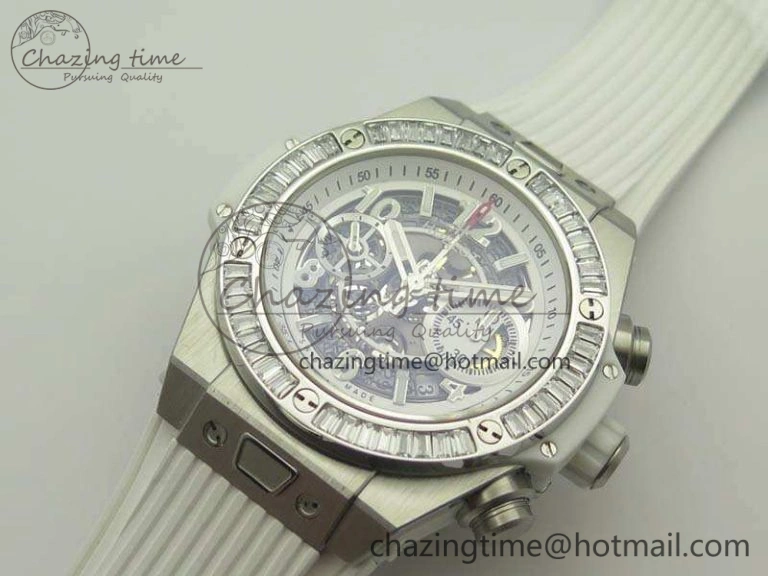 Big Bang Unico 45mm SS 3AF Best Edition White Dial Crystal Bezel On Rubber Strap A Bold 6915