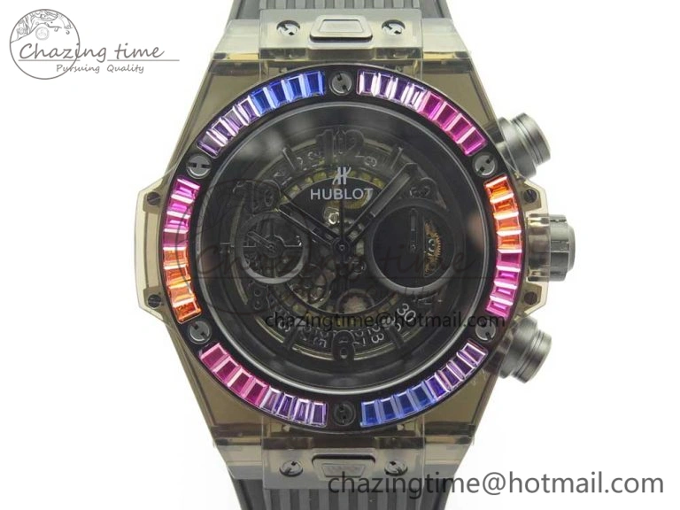 Big Bang Unico Black Magic Sapphire 45mm OXF Best Edition Rainbow Crystal Bezel Black Dial on Black Rubber Strap A Elegant 6851