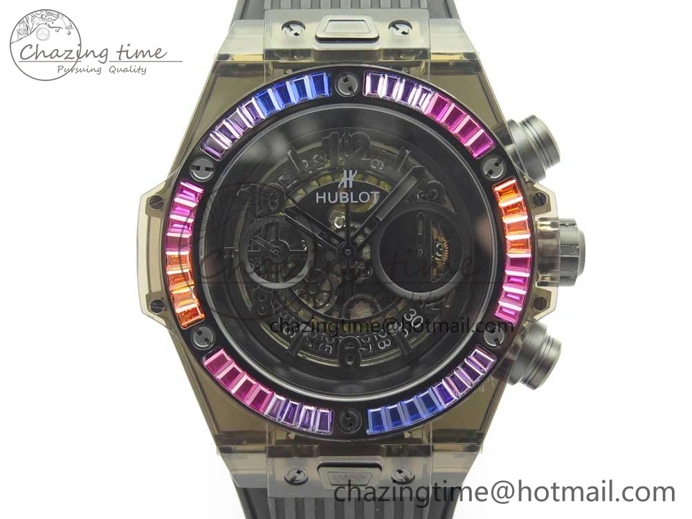 Big Bang Unico Black Magic Sapphire 45mm OXF Best Edition Rainbow Crystal Bezel Black Dial on Black Rubber Strap A Elegant 6851