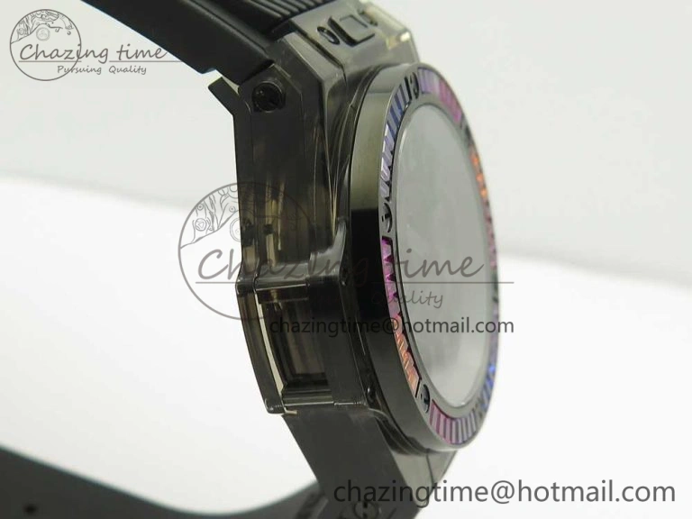 Big Bang Unico Black Magic Sapphire 45mm OXF Best Edition Rainbow Crystal Bezel Black Dial on Black Rubber Strap A Elegant 6851