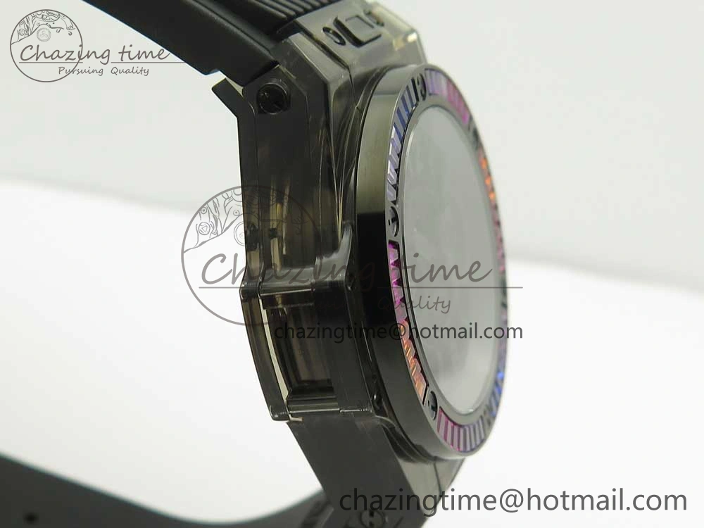 Big Bang Unico Black Magic Sapphire 45mm OXF Best Edition Rainbow Crystal Bezel Black Dial on Black Rubber Strap A Elegant 6851