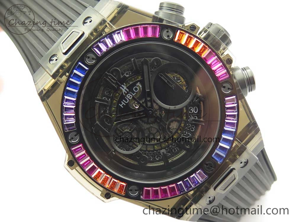 Big Bang Unico Black Magic Sapphire 45mm OXF Best Edition Rainbow Crystal Bezel Black Dial on Black Rubber Strap A Elegant 6851