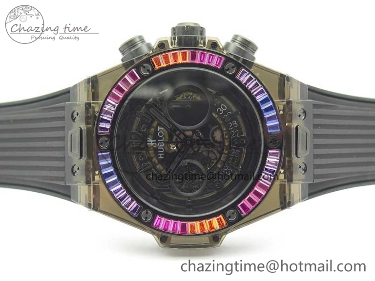 Big Bang Unico Black Magic Sapphire 45mm OXF Best Edition Rainbow Crystal Bezel Black Dial on Black Rubber Strap A Elegant 6851