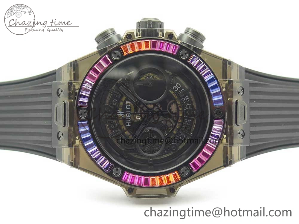 Big Bang Unico Black Magic Sapphire 45mm OXF Best Edition Rainbow Crystal Bezel Black Dial on Black Rubber Strap A Elegant 6851