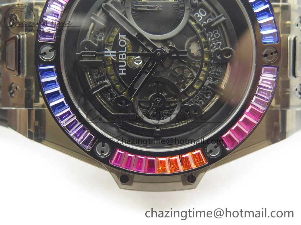 Big Bang Unico Black Magic Sapphire 45mm OXF Best Edition Rainbow Crystal Bezel Black Dial on Black Rubber Strap A Elegant 6851