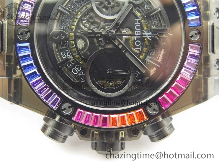 Big Bang Unico Black Magic Sapphire 45mm OXF Best Edition Rainbow Crystal Bezel Black Dial on Black Rubber Strap A Elegant 6851