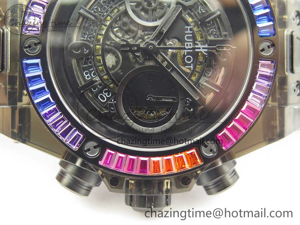 Big Bang Unico Black Magic Sapphire 45mm OXF Best Edition Rainbow Crystal Bezel Black Dial on Black Rubber Strap A Elegant 6851