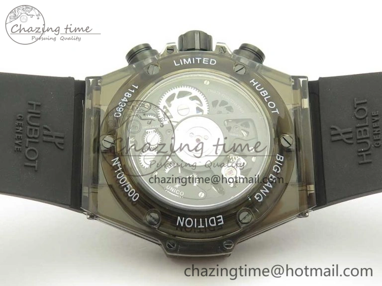 Big Bang Unico Black Magic Sapphire 45mm OXF Best Edition Rainbow Crystal Bezel Black Dial on Black Rubber Strap A Elegant 6851