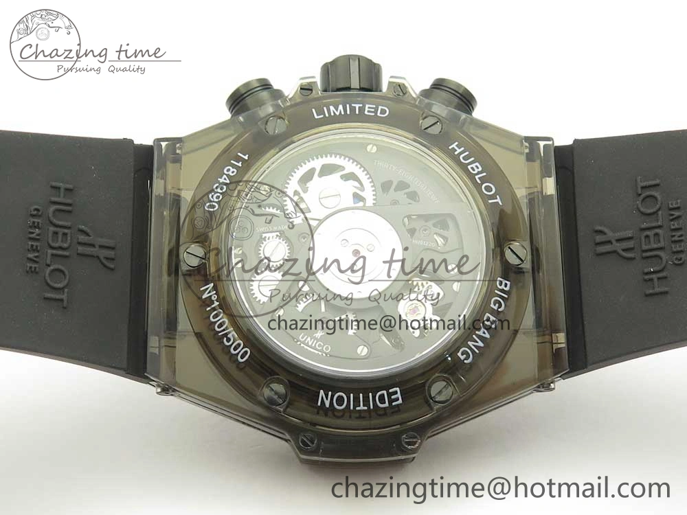 Big Bang Unico Black Magic Sapphire 45mm OXF Best Edition Rainbow Crystal Bezel Black Dial on Black Rubber Strap A Elegant 6851
