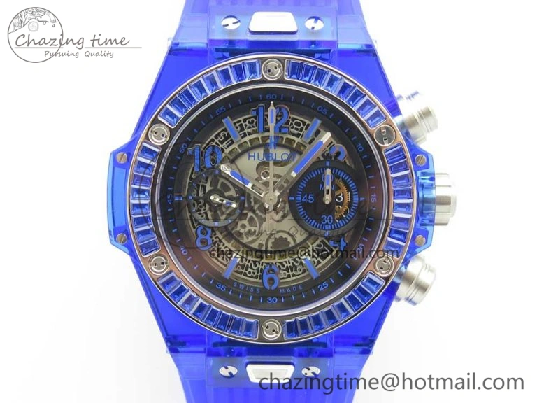 Big Bang Unico Blue Magic Sapphire 45mm OXF Best Edition Crystal Bezel Skeleton Dial on Blue Rubber Strap A HighQuality 6844