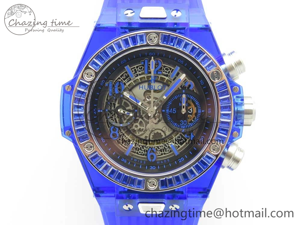 Big Bang Unico Blue Magic Sapphire 45mm OXF Best Edition Crystal Bezel Skeleton Dial on Blue Rubber Strap A HighQuality 6844
