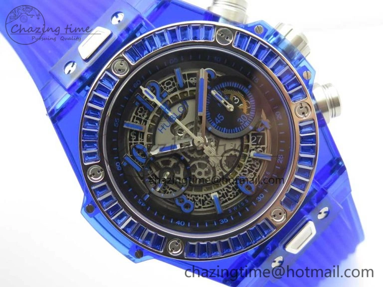 Big Bang Unico Blue Magic Sapphire 45mm OXF Best Edition Crystal Bezel Skeleton Dial on Blue Rubber Strap A HighQuality 6844