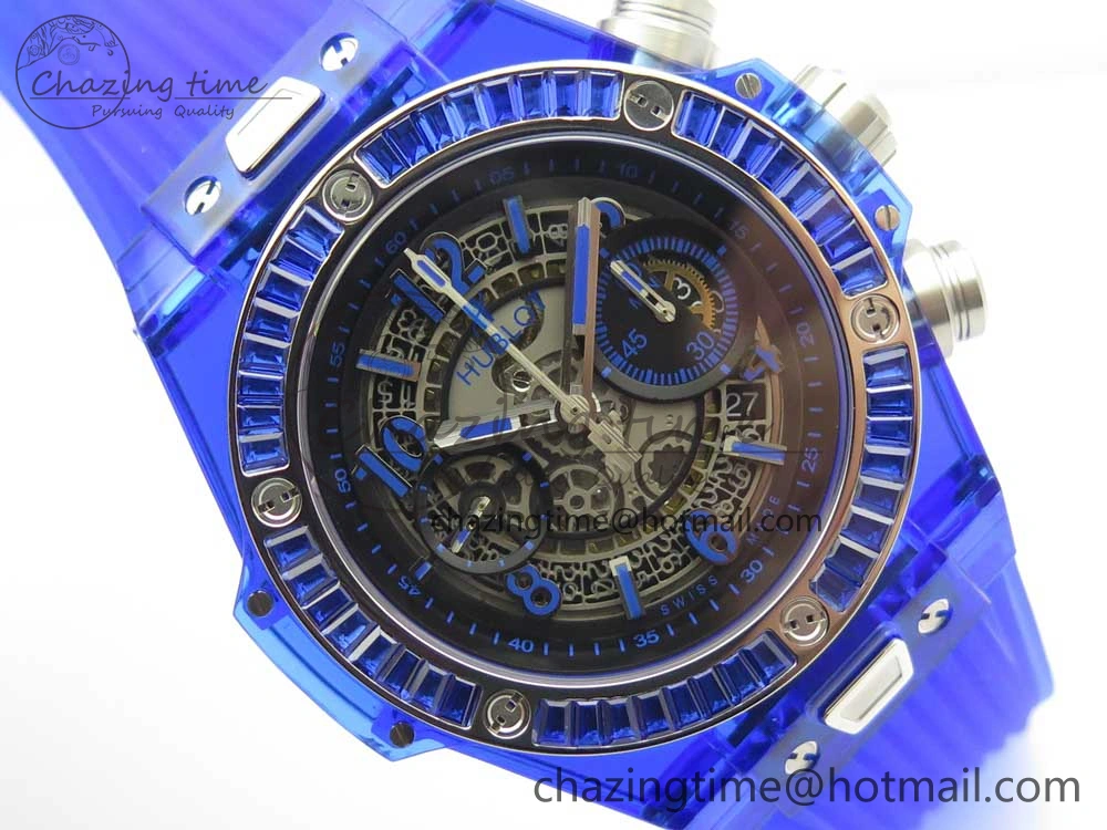 Big Bang Unico Blue Magic Sapphire 45mm OXF Best Edition Crystal Bezel Skeleton Dial on Blue Rubber Strap A HighQuality 6844
