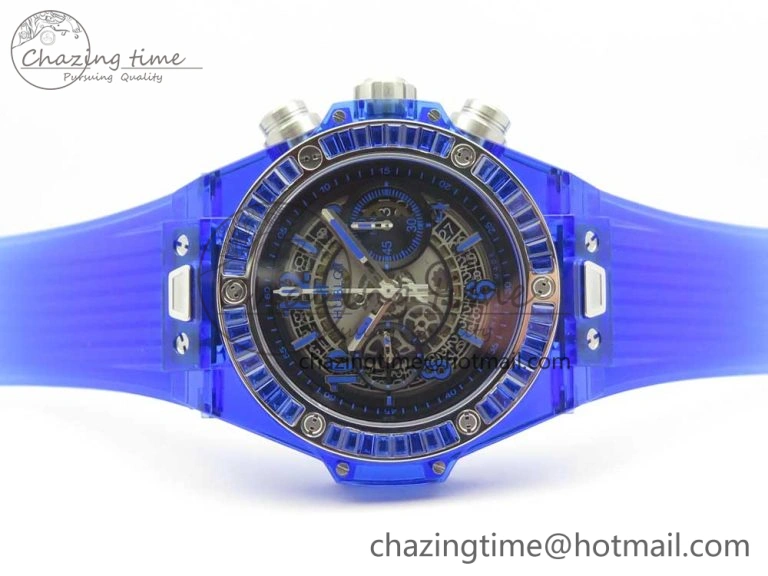 Big Bang Unico Blue Magic Sapphire 45mm OXF Best Edition Crystal Bezel Skeleton Dial on Blue Rubber Strap A HighQuality 6844