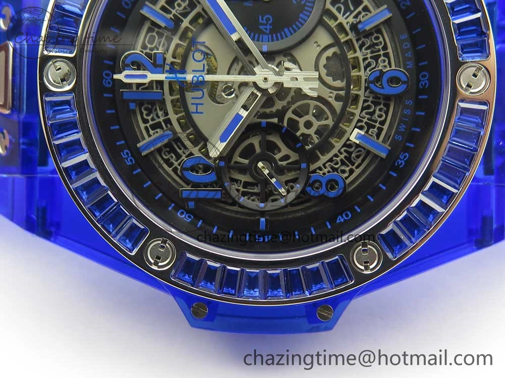 Big Bang Unico Blue Magic Sapphire 45mm OXF Best Edition Crystal Bezel Skeleton Dial on Blue Rubber Strap A HighQuality 6844
