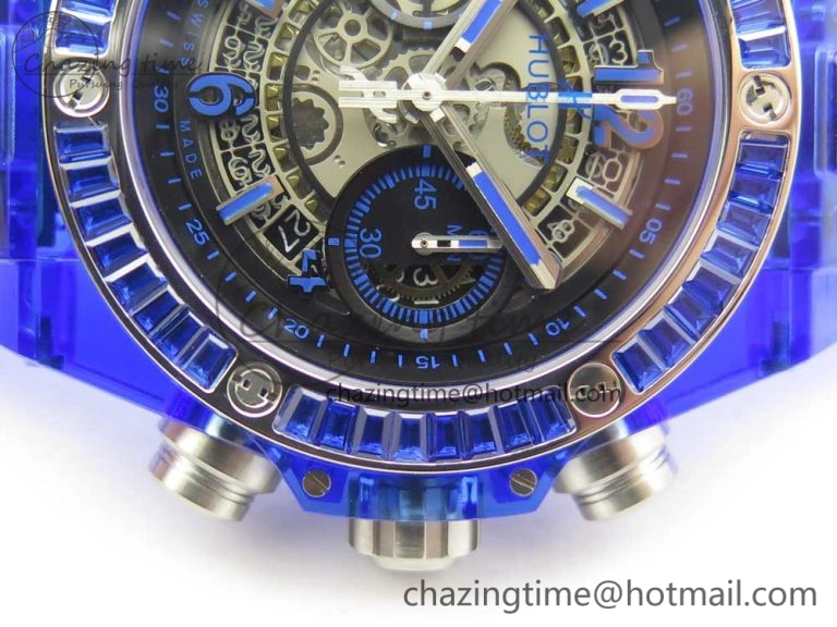 Big Bang Unico Blue Magic Sapphire 45mm OXF Best Edition Crystal Bezel Skeleton Dial on Blue Rubber Strap A HighQuality 6844