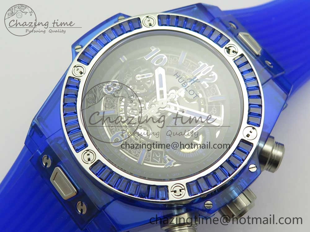 Big Bang Unico Blue Magic Sapphire 45mm OXF Best Edition Crystal Bezel Skeleton Dial on Blue Rubber Strap A HighQuality 6844