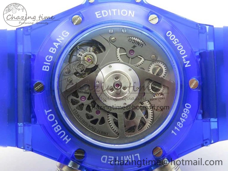 Big Bang Unico Blue Magic Sapphire 45mm OXF Best Edition Crystal Bezel Skeleton Dial on Blue Rubber Strap A HighQuality 6844