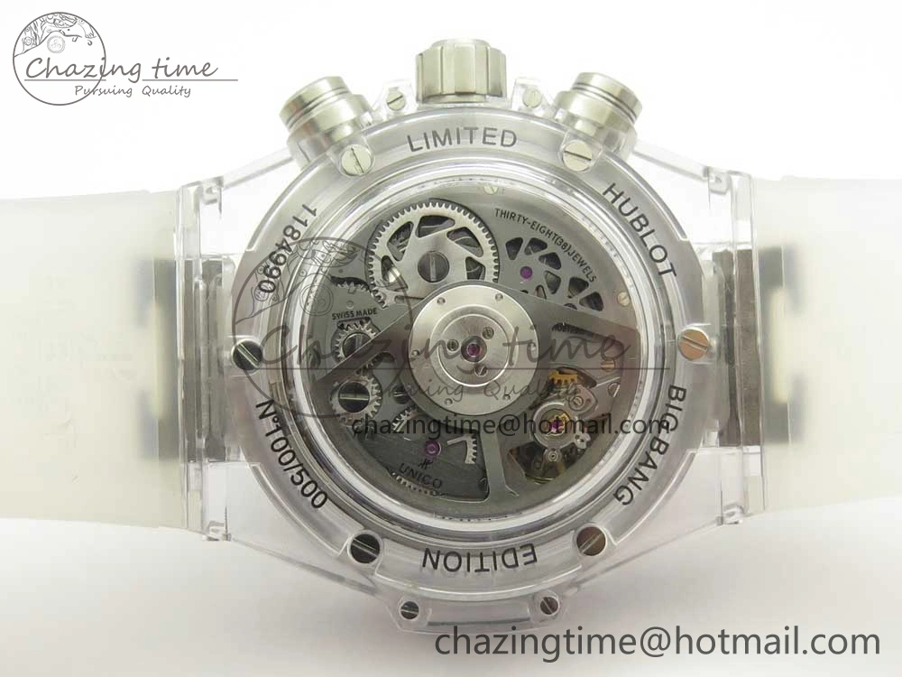 Big Bang Unico Magic Sapphire 45mm OXF Best Edition Rainbow Crystal Bezel Black Dial on White Rubber Strap A DailyWear 6850