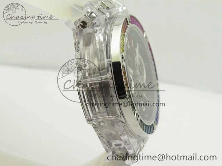 Big Bang Unico Magic Sapphire 45mm OXF Best Edition Rainbow Crystal Bezel Black Dial on White Rubber Strap A DailyWear 6850