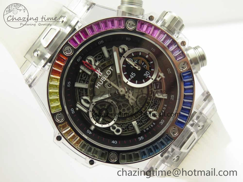 Big Bang Unico Magic Sapphire 45mm OXF Best Edition Rainbow Crystal Bezel Black Dial on White Rubber Strap A DailyWear 6850