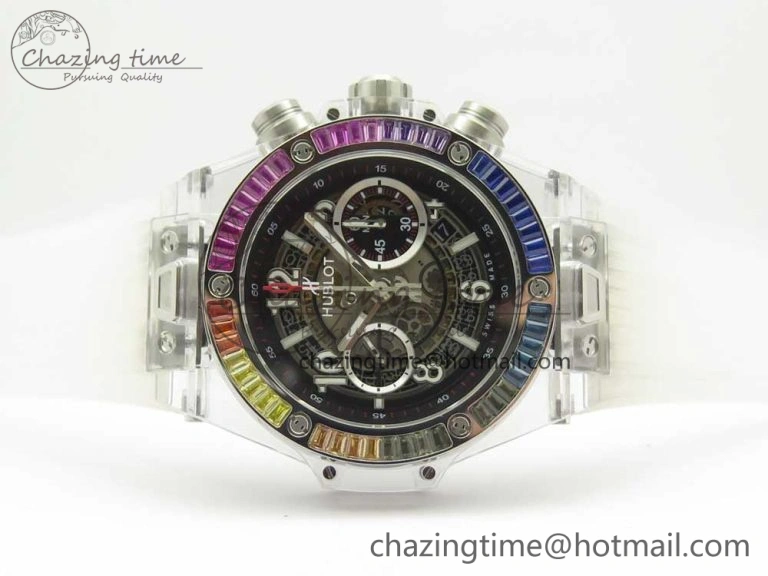 Big Bang Unico Magic Sapphire 45mm OXF Best Edition Rainbow Crystal Bezel Black Dial on White Rubber Strap A DailyWear 6850