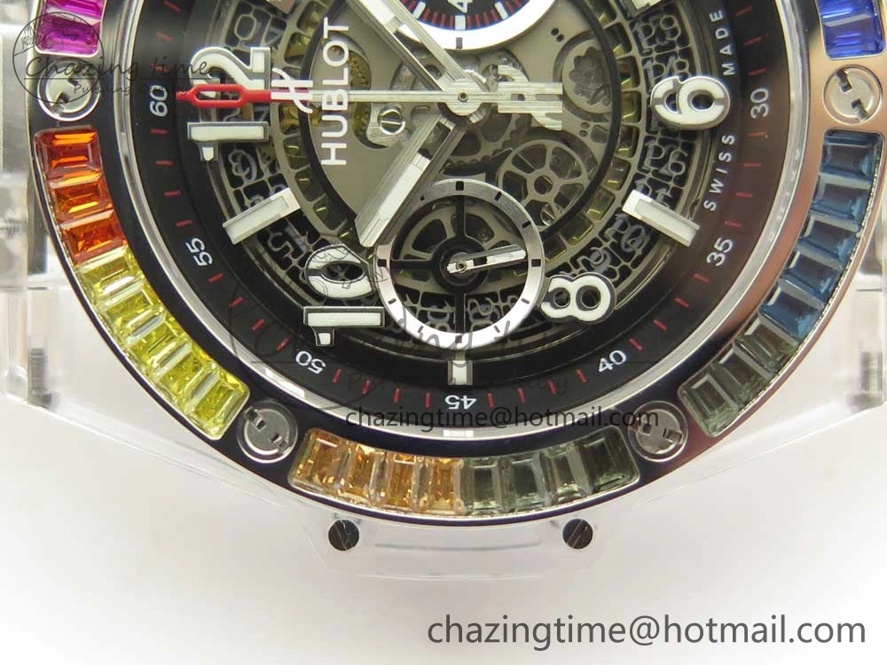 Big Bang Unico Magic Sapphire 45mm OXF Best Edition Rainbow Crystal Bezel Black Dial on White Rubber Strap A DailyWear 6850