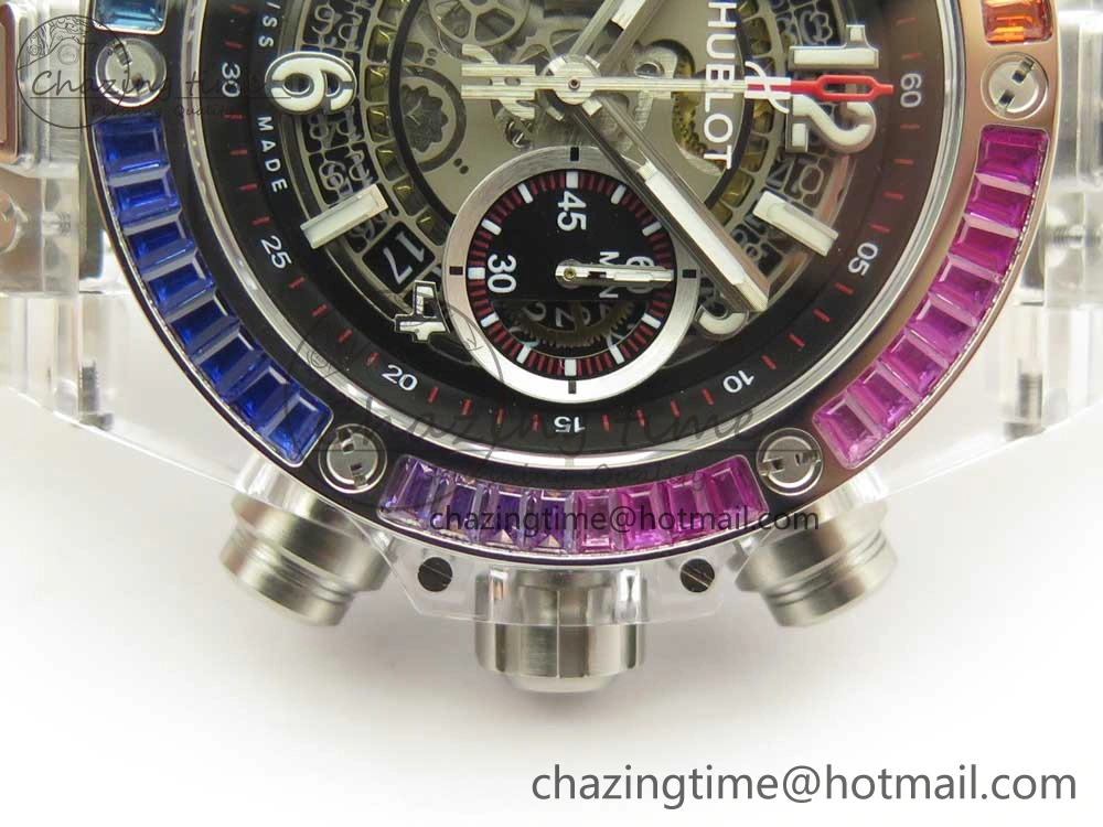 Big Bang Unico Magic Sapphire 45mm OXF Best Edition Rainbow Crystal Bezel Black Dial on White Rubber Strap A DailyWear 6850
