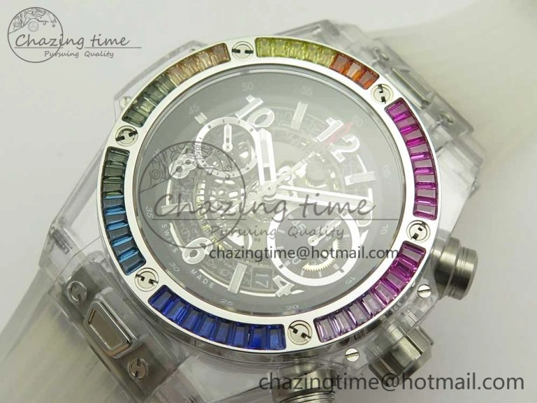 Big Bang Unico Magic Sapphire 45mm OXF Best Edition Rainbow Crystal Bezel Black Dial on White Rubber Strap A DailyWear 6850
