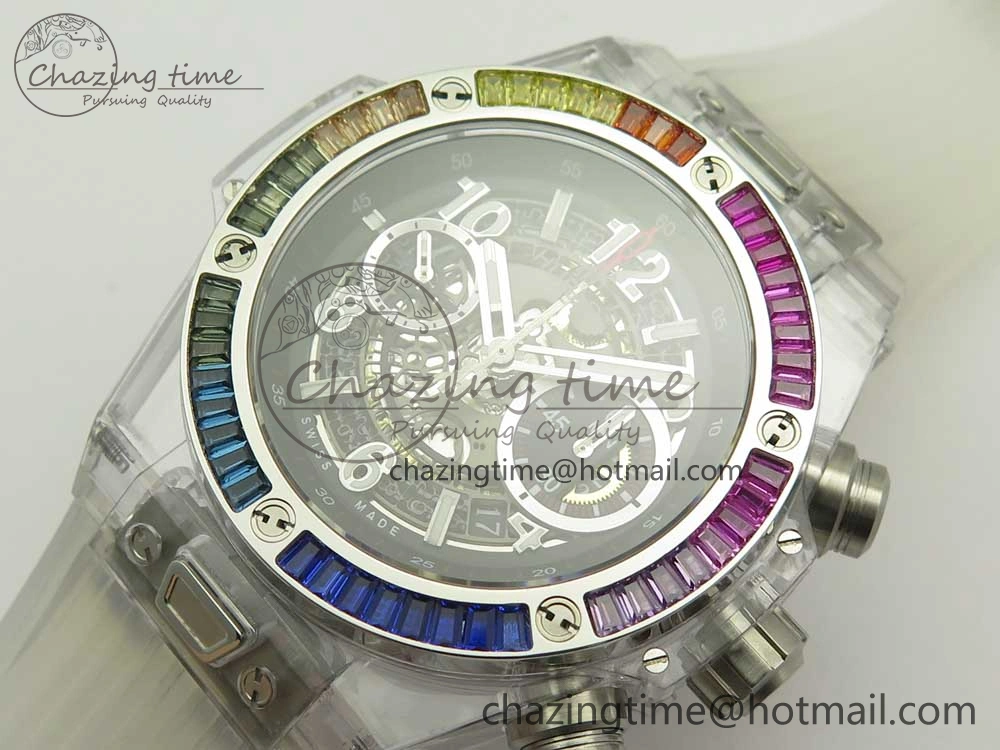 Big Bang Unico Magic Sapphire 45mm OXF Best Edition Rainbow Crystal Bezel Black Dial on White Rubber Strap A DailyWear 6850