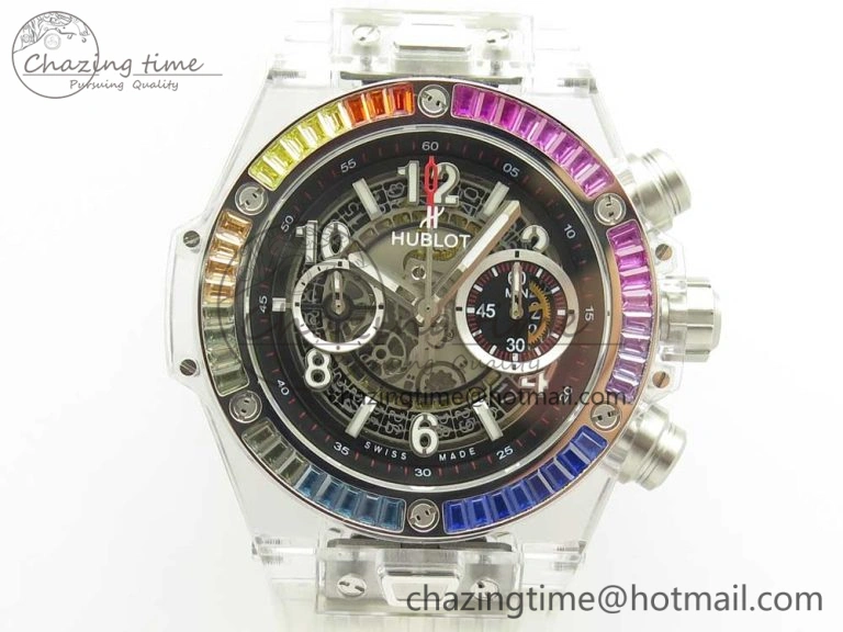 Big Bang Unico Magic Sapphire 45mm OXF Best Edition Rainbow Crystal Bezel Black Dial on White Rubber Strap A DailyWear 6850