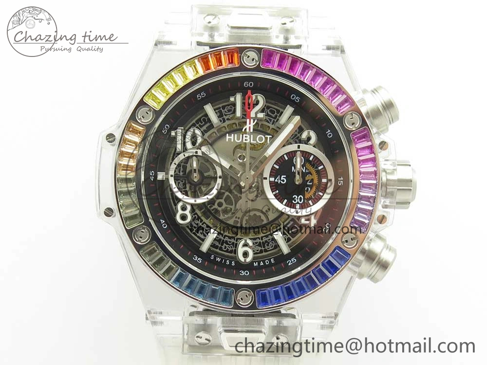 Big Bang Unico Magic Sapphire 45mm OXF Best Edition Rainbow Crystal Bezel Black Dial on White Rubber Strap A DailyWear 6850