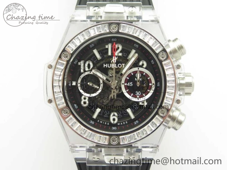 Big Bang Unico Magic Sapphire 45mm OXF Best Edition Skeleton Dial Diamonds Bezel on Black Rubber Strap A Chic 6848