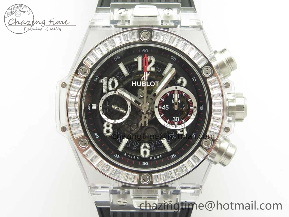 Big Bang Unico Magic Sapphire 45mm OXF Best Edition Skeleton Dial Diamonds Bezel on Black Rubber Strap A Chic 6848
