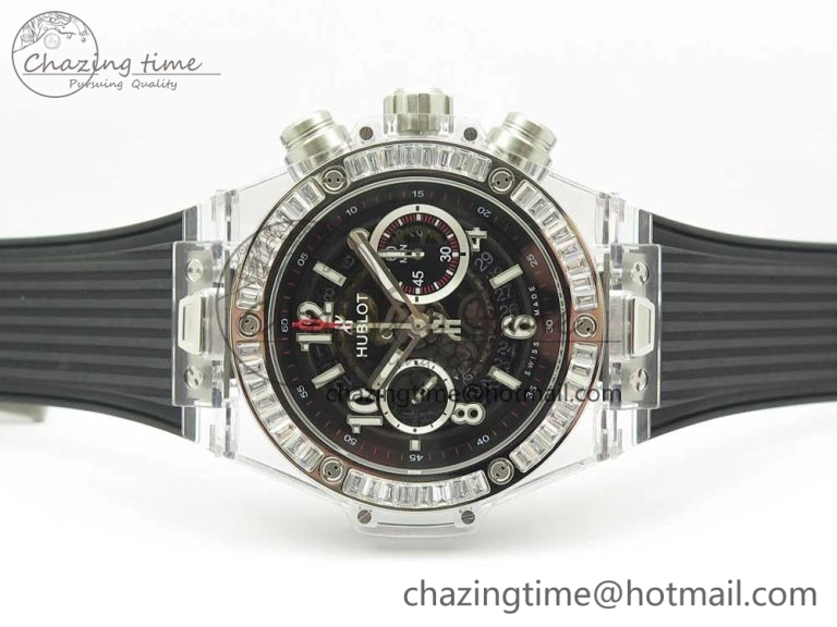 Big Bang Unico Magic Sapphire 45mm OXF Best Edition Skeleton Dial Diamonds Bezel on Black Rubber Strap A Chic 6848