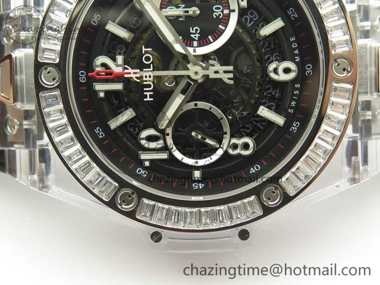 Big Bang Unico Magic Sapphire 45mm OXF Best Edition Skeleton Dial Diamonds Bezel on Black Rubber Strap A Chic 6848