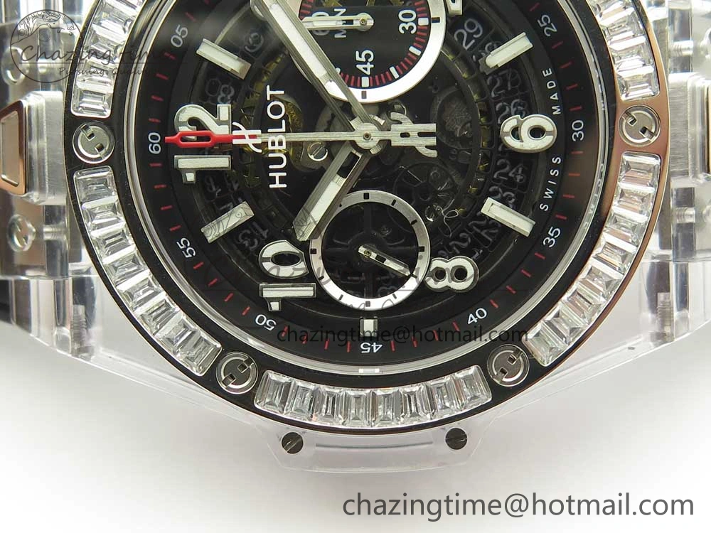 Big Bang Unico Magic Sapphire 45mm OXF Best Edition Skeleton Dial Diamonds Bezel on Black Rubber Strap A Chic 6848