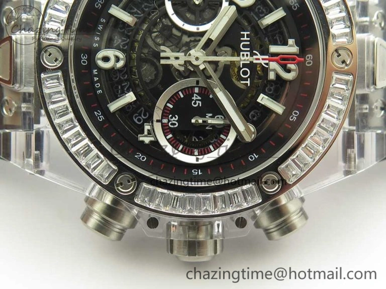 Big Bang Unico Magic Sapphire 45mm OXF Best Edition Skeleton Dial Diamonds Bezel on Black Rubber Strap A Chic 6848