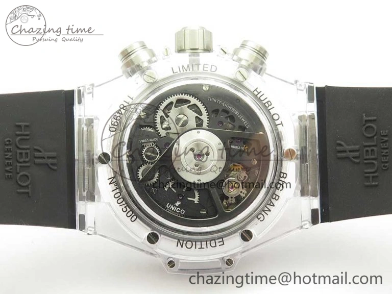 Big Bang Unico Magic Sapphire 45mm OXF Best Edition Skeleton Dial Diamonds Bezel on Black Rubber Strap A Chic 6848
