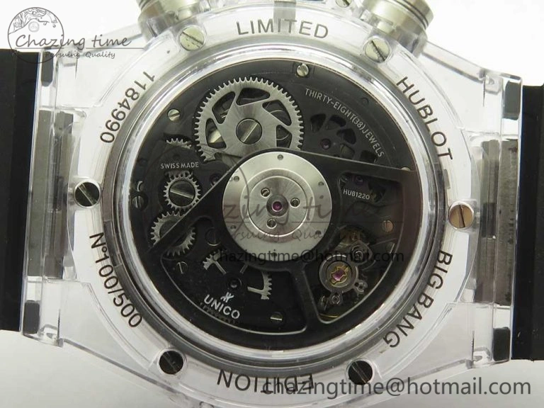 Big Bang Unico Magic Sapphire 45mm OXF Best Edition Skeleton Dial Diamonds Bezel on Black Rubber Strap A Chic 6848