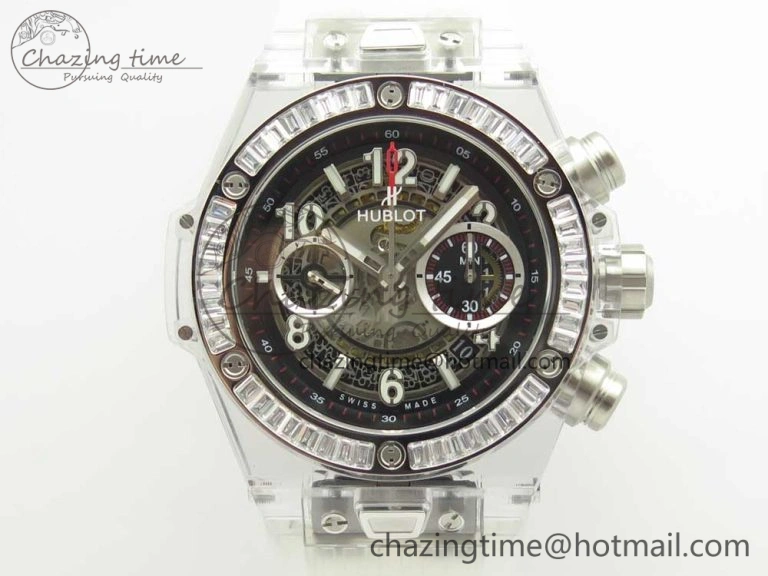 Colorful Big Bang Unico Magic Sapphire 45mm OXF Best Edition Skeleton Dial Diamonds Bezel on White Rubber Strap A 6849