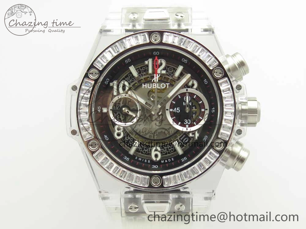 Colorful Big Bang Unico Magic Sapphire 45mm OXF Best Edition Skeleton Dial Diamonds Bezel on White Rubber Strap A 6849