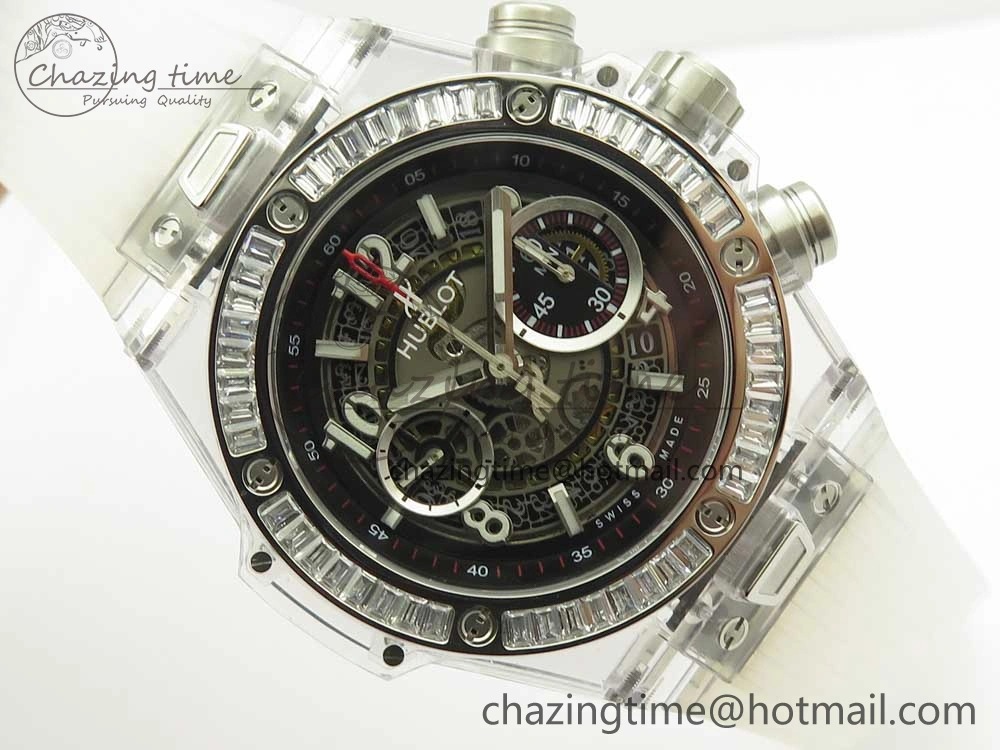 Colorful Big Bang Unico Magic Sapphire 45mm OXF Best Edition Skeleton Dial Diamonds Bezel on White Rubber Strap A 6849
