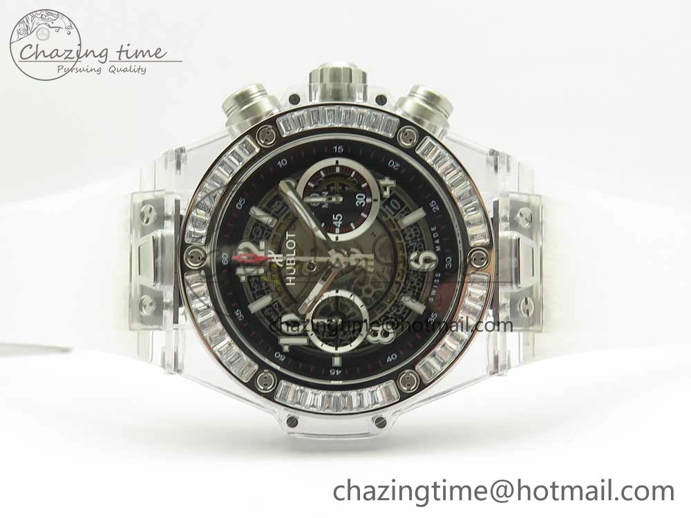 Colorful Big Bang Unico Magic Sapphire 45mm OXF Best Edition Skeleton Dial Diamonds Bezel on White Rubber Strap A 6849