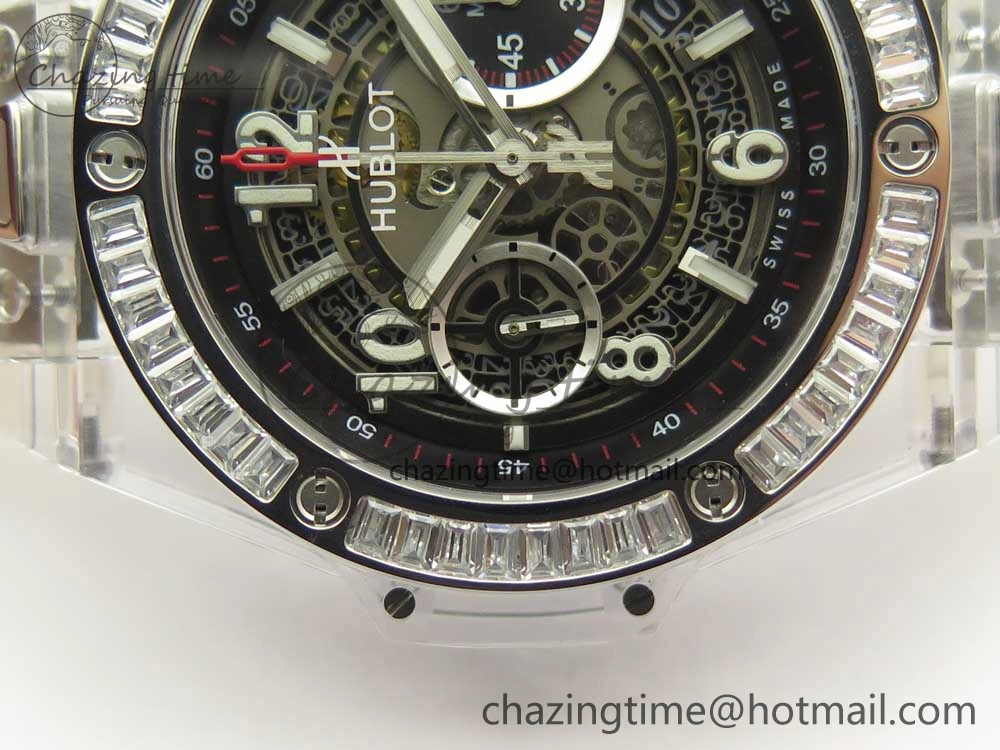 Colorful Big Bang Unico Magic Sapphire 45mm OXF Best Edition Skeleton Dial Diamonds Bezel on White Rubber Strap A 6849