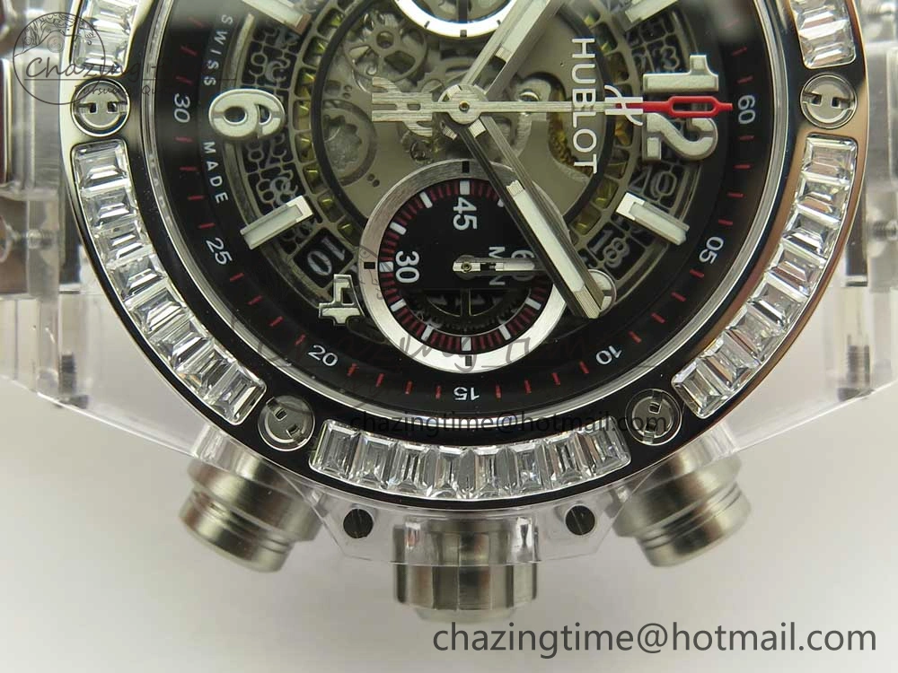 Colorful Big Bang Unico Magic Sapphire 45mm OXF Best Edition Skeleton Dial Diamonds Bezel on White Rubber Strap A 6849