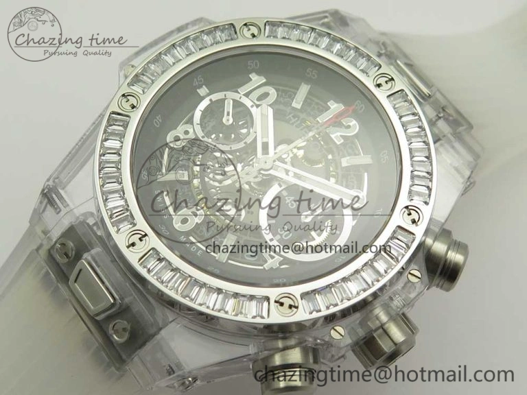 Colorful Big Bang Unico Magic Sapphire 45mm OXF Best Edition Skeleton Dial Diamonds Bezel on White Rubber Strap A 6849
